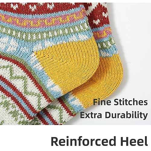 Image of 5-Pairs Vintage Knitting Stripe Reindeer Wave Pattern Women's Fluffy Cute Crew Socks Warm Soft Cotton Calf Socks