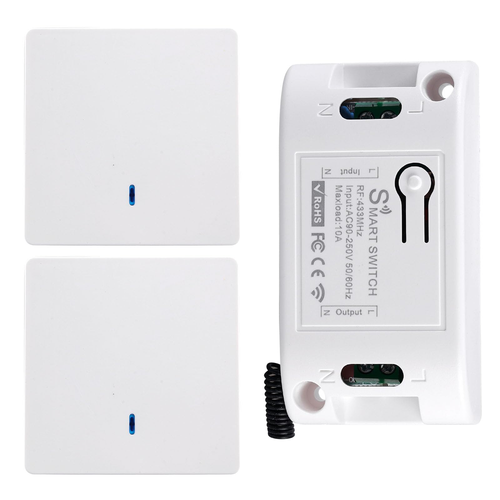 Juego de interruptores inalámbricos de 433 MHz, 10 A, 220 V, interruptor inalámbrico con receptor, sin batería, para lámpara interior y exterior (2 interruptores con 1 receptor)