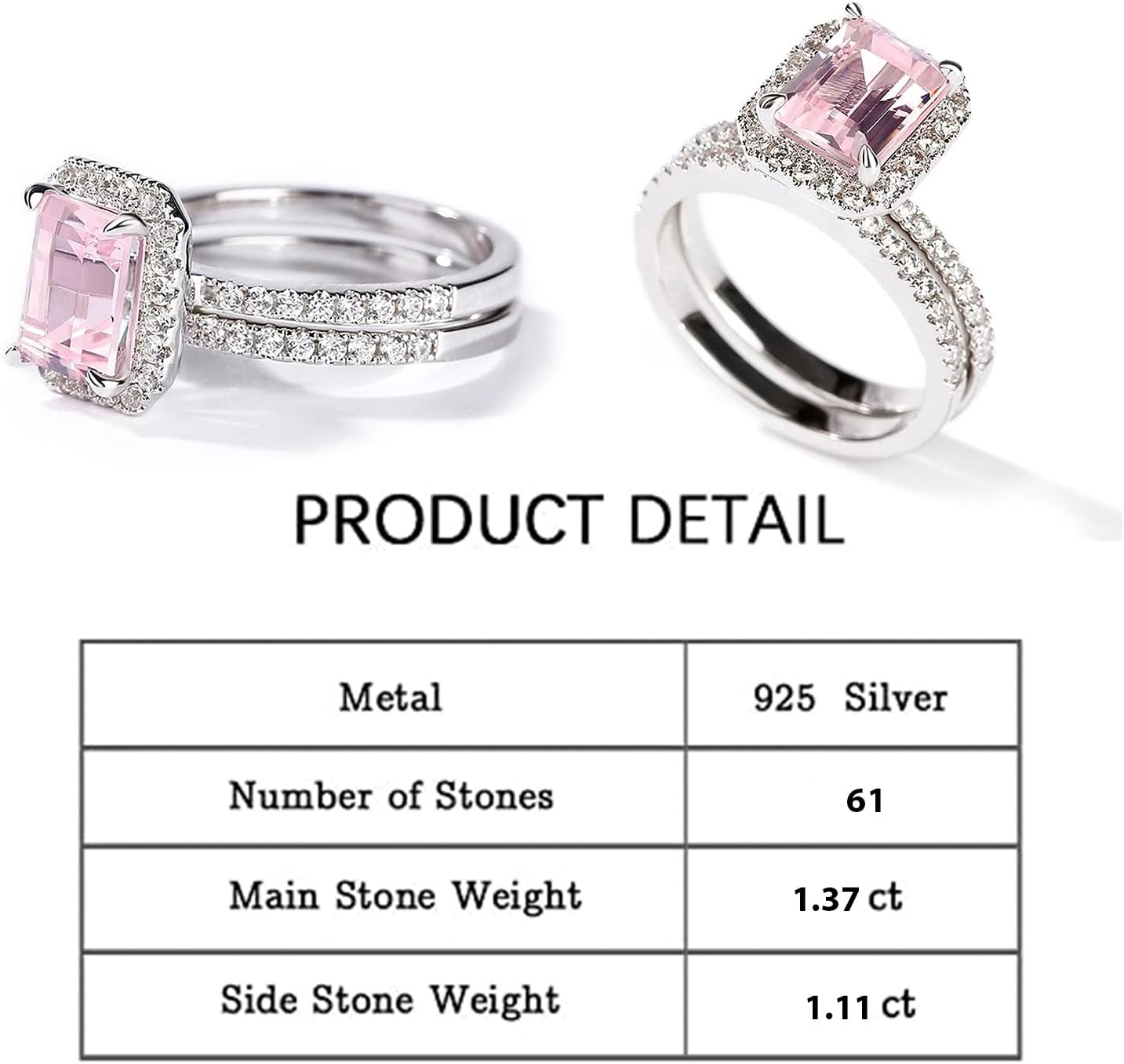 Jeulia Women Ring Set Halo Emerald Cut Synthetic Morganite Sterling Silver Ring Set Best Valentine's Day Gift for Wife Girlfriend With Jewelry Gift Box