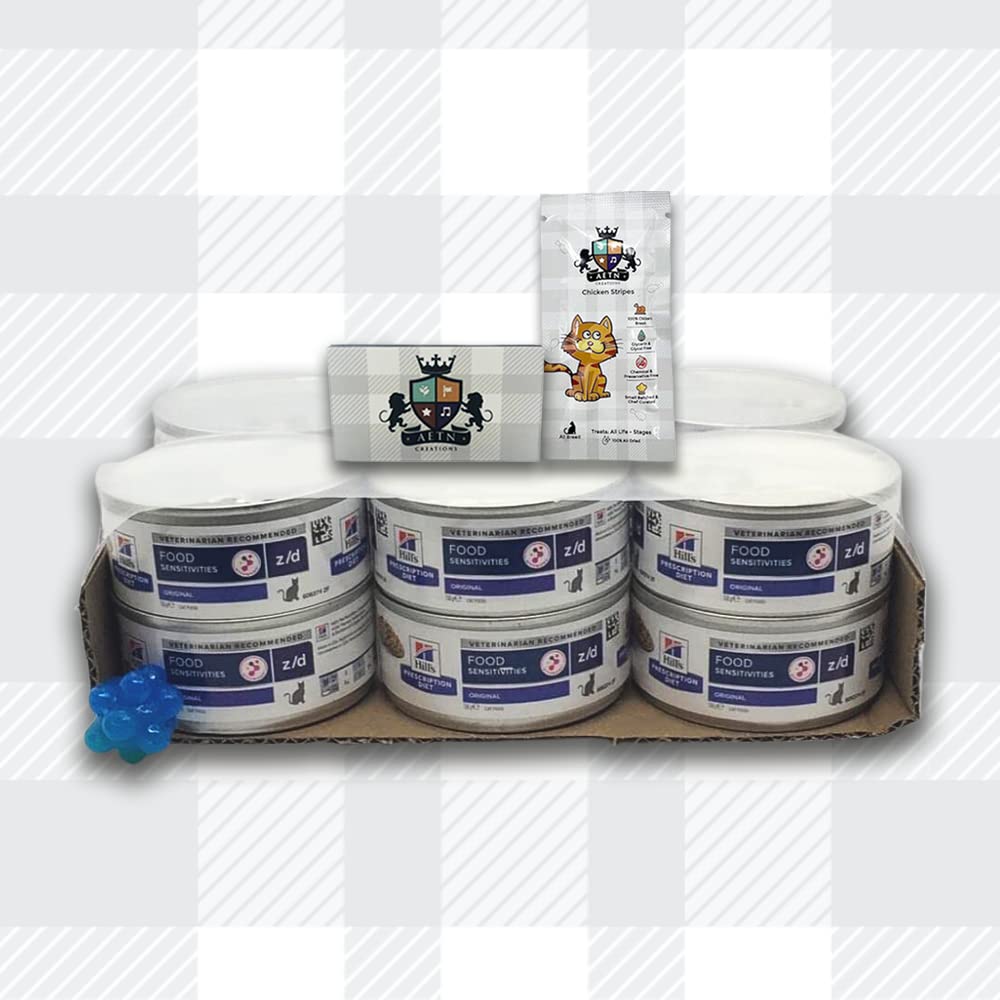 AETN Creations Z/D Alimento Húmedo para Gatos con Sensibilidad Alimentaria, Paquete de 12 Latas de 156g, con Golosina y Juguete para Gato de AETN