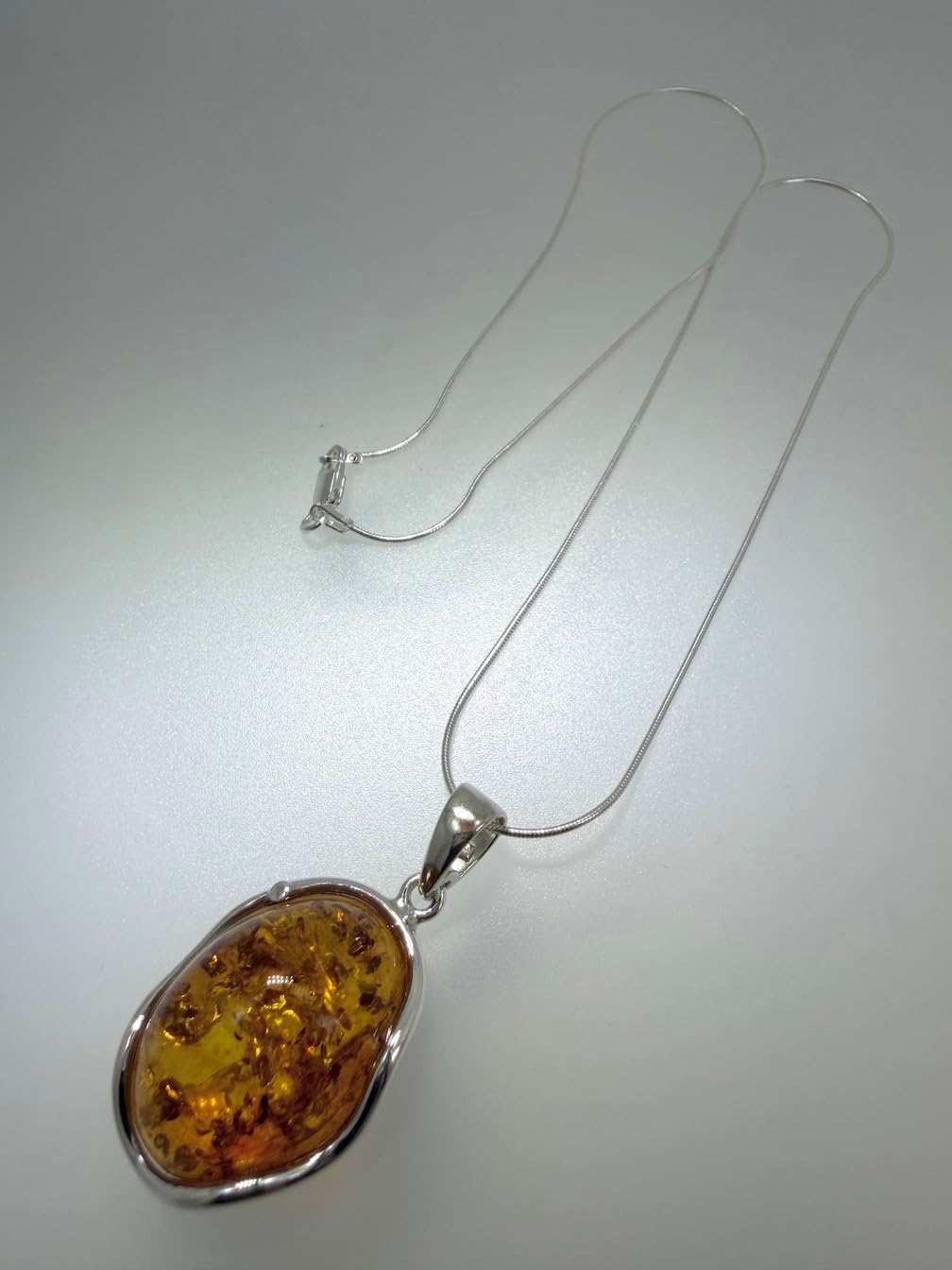 Honey Baltic Amber Handmade Oval Pendant on Sterling Silver Snake Chain