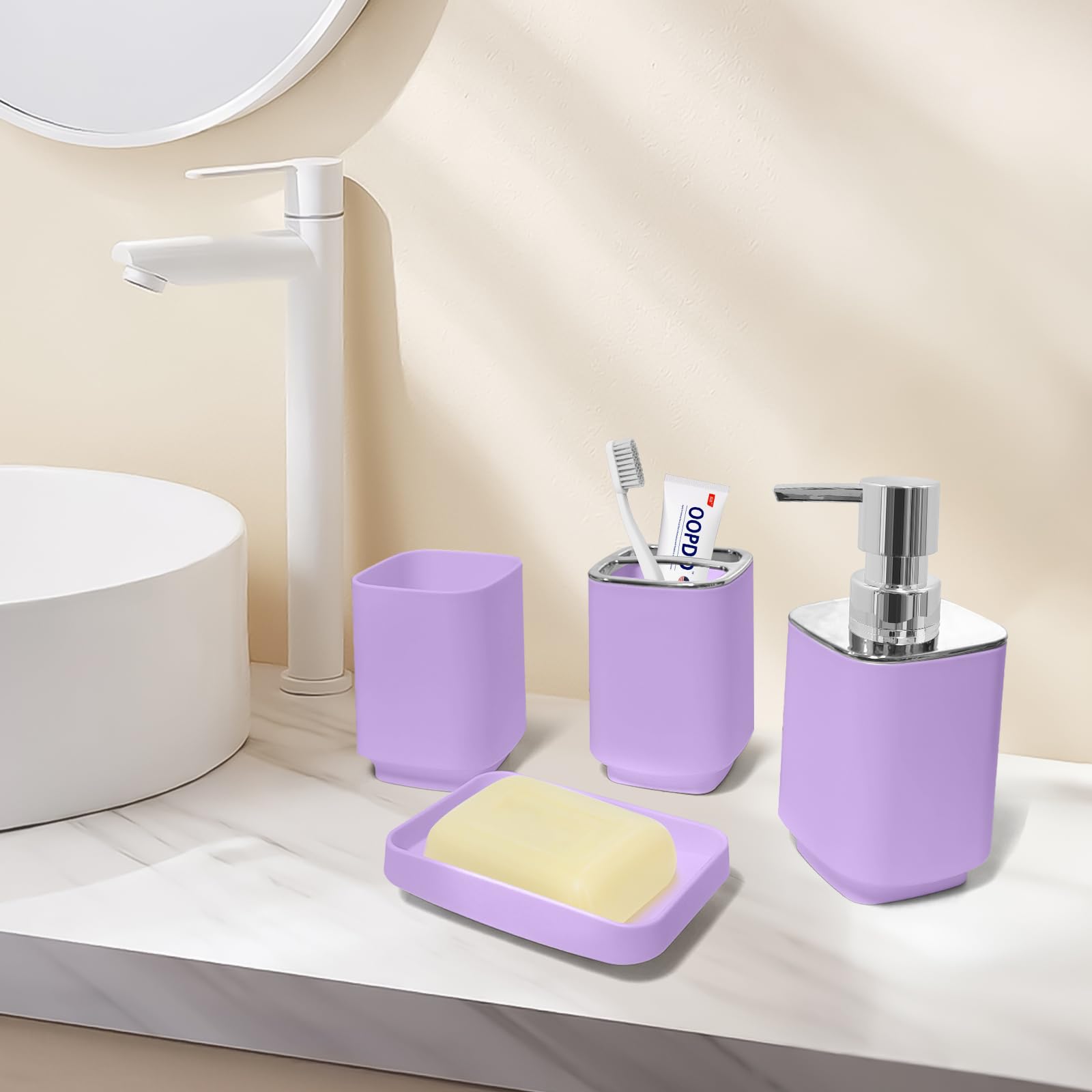 Juego de accesorios de baño de 4 piezas, juego de accesorios de baño de color morado claro, incluye soporte para cepillos de dientes, dispensador de jabón, jabonera y vaso para cepillos de 6