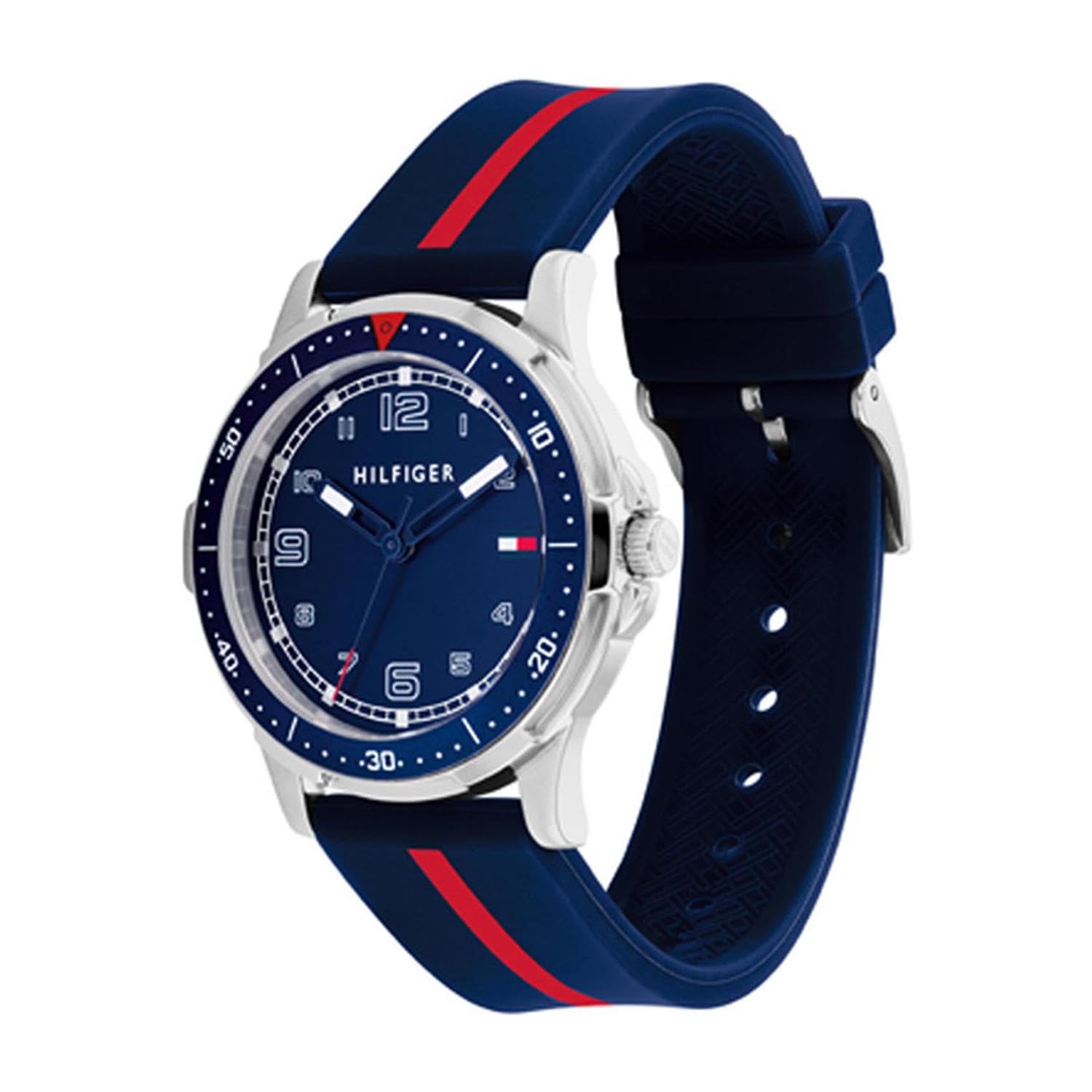 Tommy Hilfiger Analoge Kinderuhr mit Silikonarmband in Marineblau mit rotem Streifen - 1720036, marineblau, Band