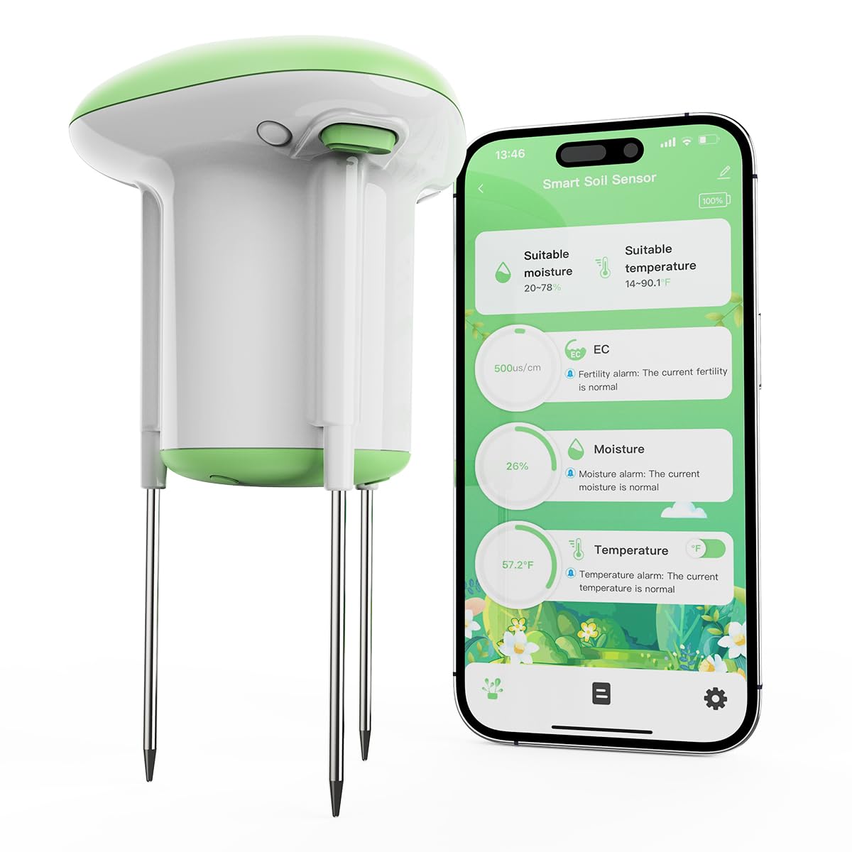 Smart 3-in-1 Soil Moisture/Temp/Fertility Meter, 2.4GHz WiFi App Control