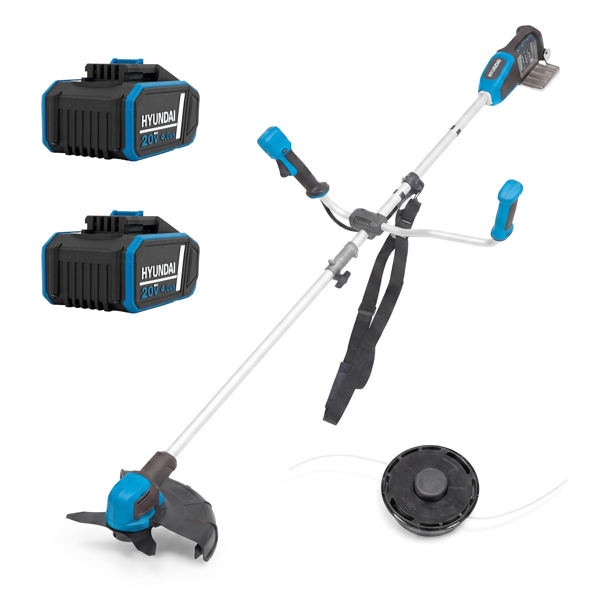 Hyundai Cortador de Cepillo inalámbrico sin escobillas de 40 V (2 x 20 V), Herramienta múltiple de jardín 2 en 1, Recortadora de 34 cm y Cortador de Hoja de Acero de 25,5 cm, Eje Dividido, 3
