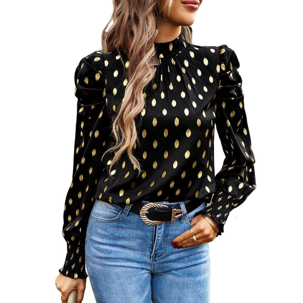 Elegancka damska bluzka na czas wolny, stójka, pasek na plecach, sweter, koszula, czarna w kropki, styl brązu, stylowa bluzka z długim rękawem, elegancka bluzka do pracy, na wyjście, bluzki