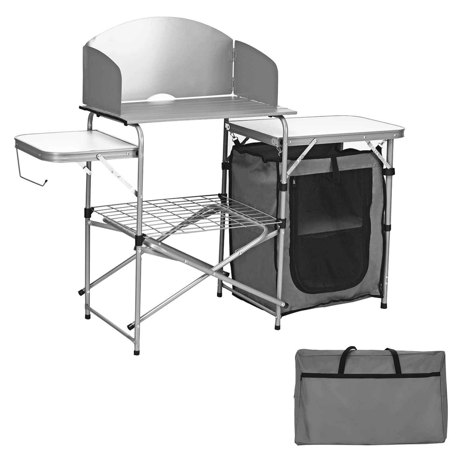 SPOTRAVEL Folding Camping Table, Portable Aluminum Grill Table Storage Cupboard with 2 Side Tabletops, Windshield & Carrying Bag, Outdoor Kitchen Work Table for BBQ Picnic Party
