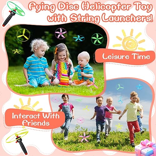 kymqlyw 12 Pcs Flying Saucer Flying Disc Toy Helicopter Toy Disco Flyers Include 4 String Launchers and 8 Flying Saucer Flying Disc Launcher Flying Toys Little Teens Outdoor Activity Birthday Favors