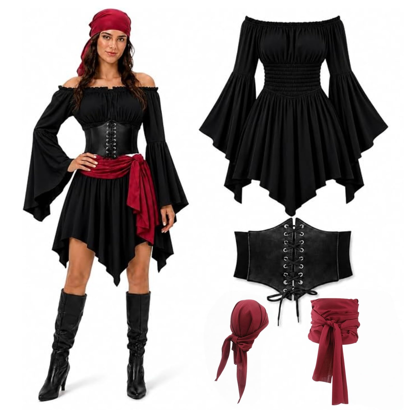 Piratenkostüm Zubehör Set Damen, 4-Teiliges Mittelalter Off-Shoulder Kleid Damen mit Piraten Korsett Piratenkleid Karnevalskostüm Cosplay, Accessoires Halloween Karneval