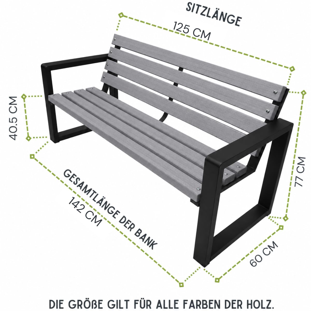 Banc de Jardin en Bois 125 cm, Banc Extérieur Jardin en Métal 500 kg