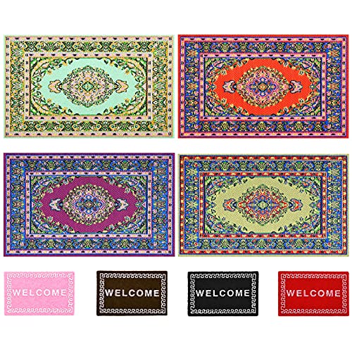 8 Pieces 1:12 Miniature Carpet Dollhouse Accessories, Includes 4 Pieces Turkishness Floral Print Vintage Woven Rugs, 4 Pieces Mini Welcome Floor Blanket Dollhouse Blankets Doll House Furniture Decor