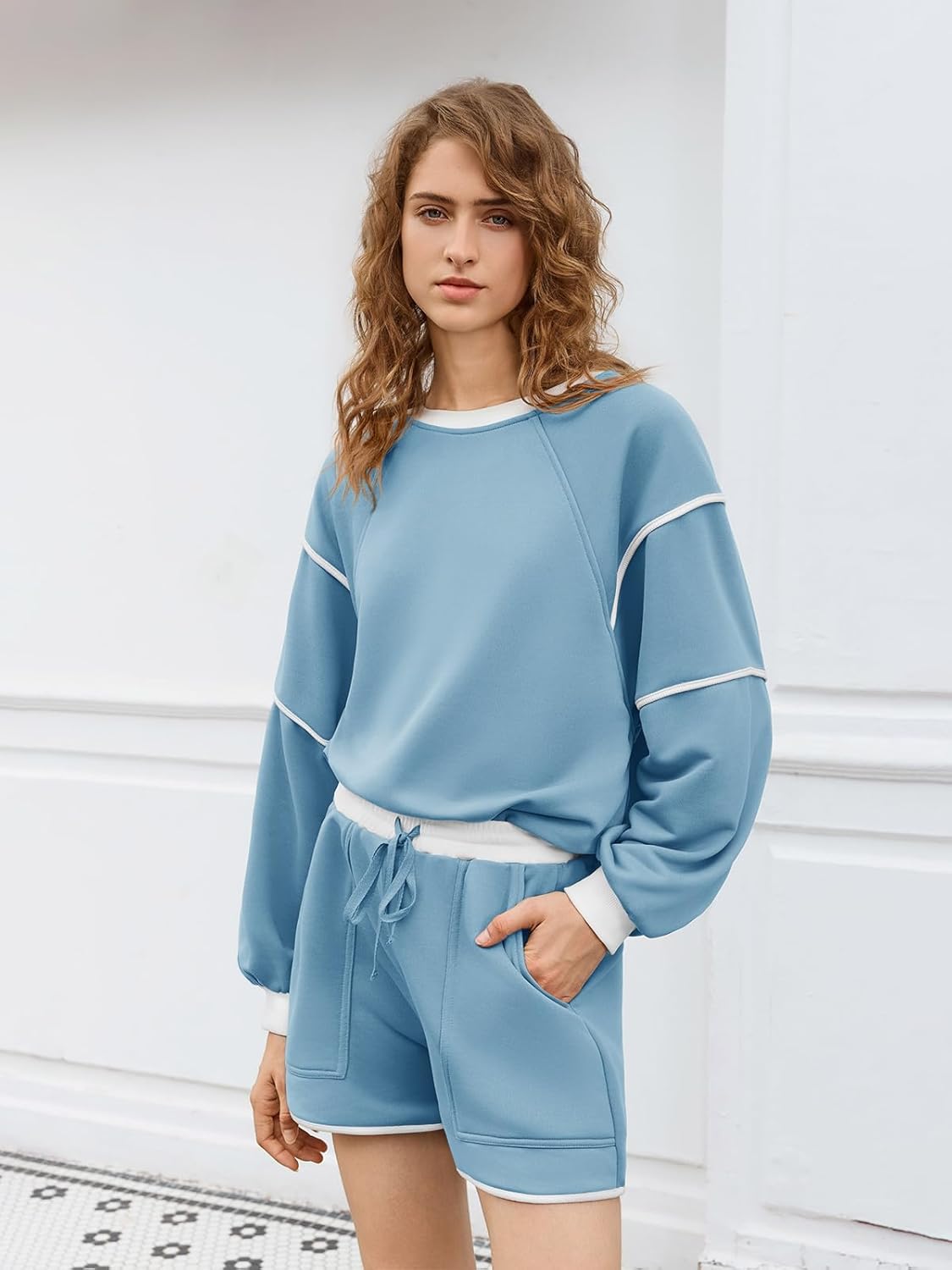 Yousify Womens Sweatsuits 2 Piece Outfits Oversized Crewneck Sweatshirts High Waisted Casual Shorts Lounge Wear Shorts Sets - Image 3