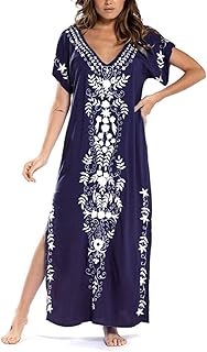 YouKD Summer Cotton Embroidered Floral Loose Caftan Boho Beach Bikini Cover Up Dress Plus Size Robe for Women