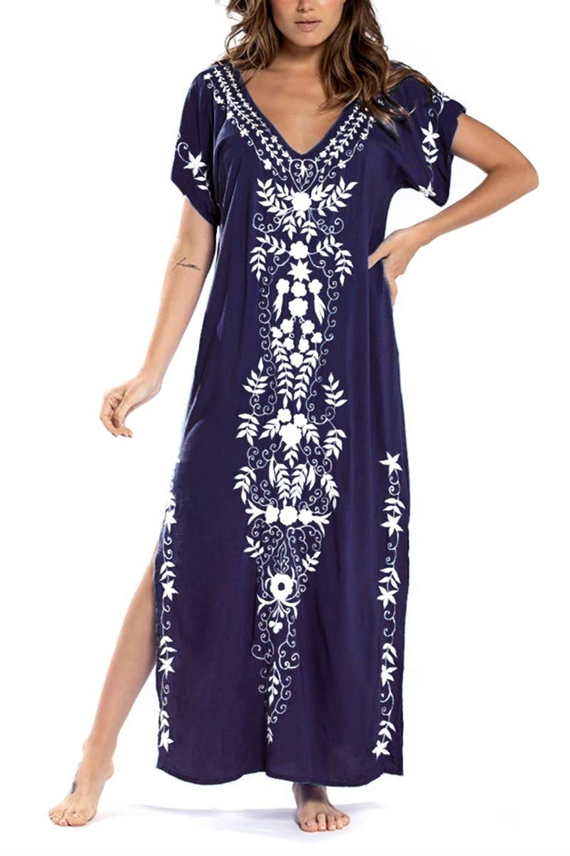 YouKD algodón Bordado Floral Suelto Kaftan Boho Bikini de Playa para Cubrir Vestido camisón de Talla Grande para Mujer
