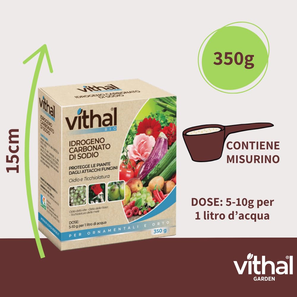 VITHAL Fungicida Per Piante in Polvere - a base di Idrogeno Carbonato di Sodio, Protezione Naturale per Piante Ornamentali ed Edibili, Efficace Contro Oidio e Ticchiolatura, 350g