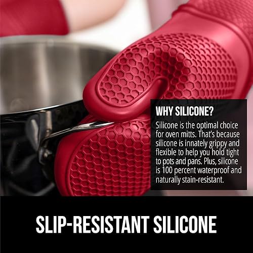 Miniatura 84 de GORILLA GRIP Juego de 4 manoplas de horno de silicona suave sin BPA y soportes para ollas, resistentes al calor, forro de algodón grueso, agarre Rojo