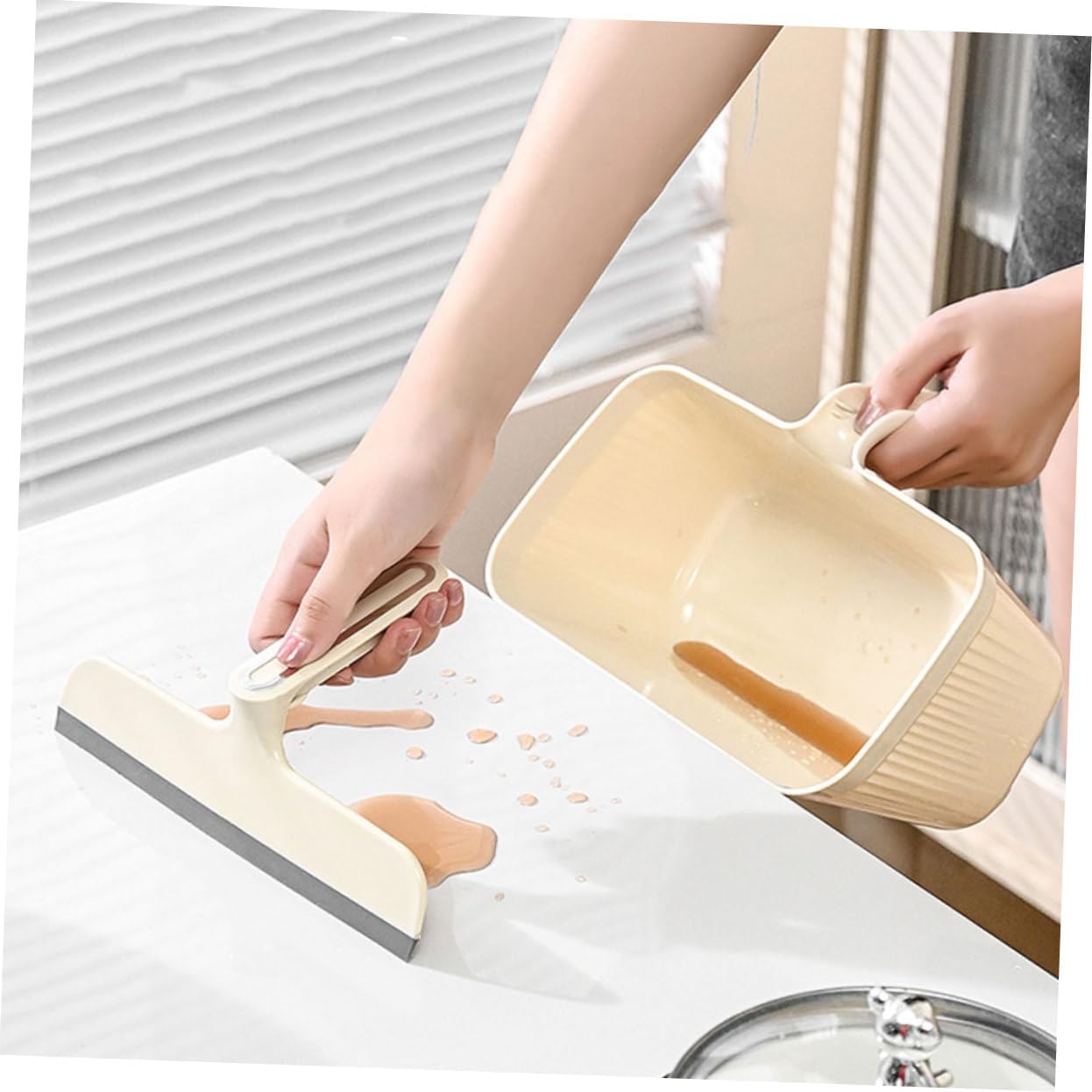 Mini Cleaning Set with Squeegee, White Plastic Desktop Trash Bin image 4