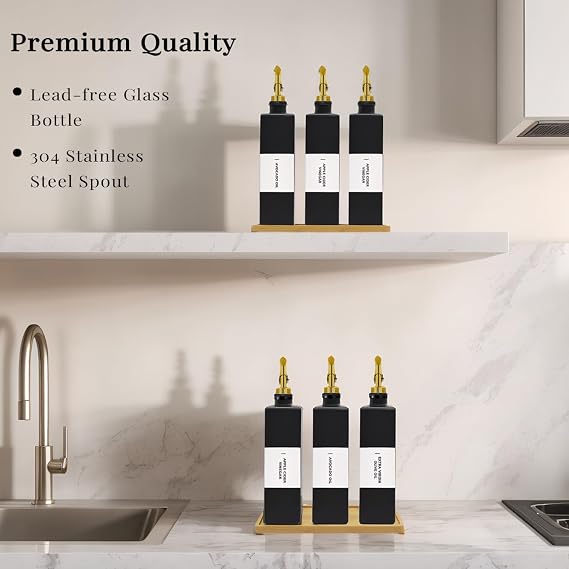Olive Oil Dispenser Bottle for Kitchen with Bamboo Tray- Glass Oil and Vinegar Dispenser Set 16.9oz, Soy Sauce & Syrup Bottle, Modern Hostess Gift (Black, 16.9oz, Set of 3)