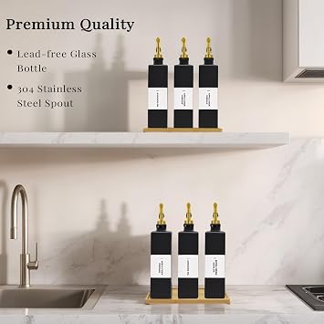 Olive Oil Dispenser Bottle for Kitchen with Bamboo Tray- Glass Oil and Vinegar Dispenser Set 16.9oz, Soy Sauce & Syrup Bottle, Modern Hostess Gift (Black, 16.9oz, Set of 3)