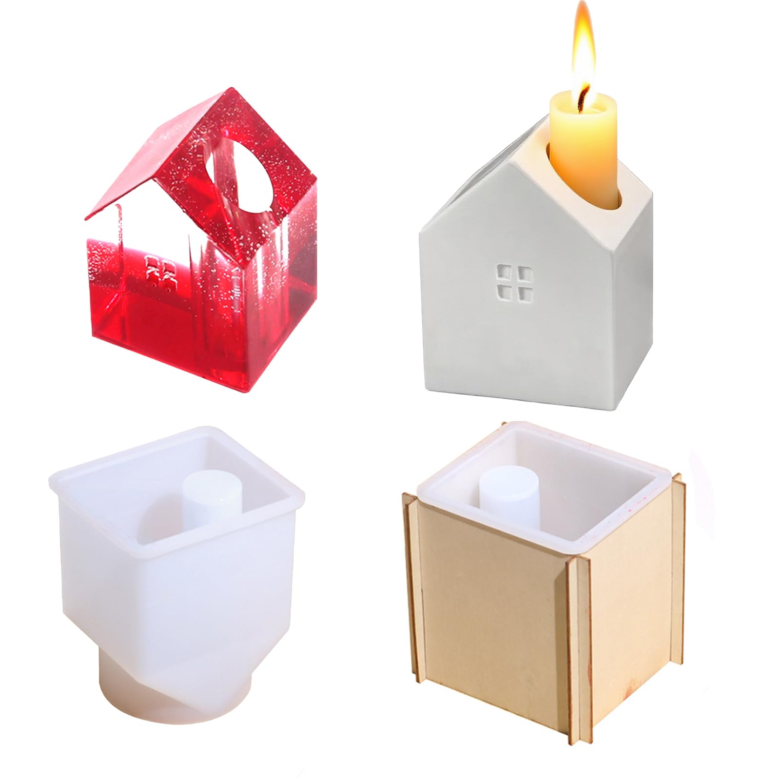 KZXCVS Silikonform Haus Kreate deine eigenen Kerzenhalter! Komplett-Set mit Silikonform & Holzständer - Wiederverwendbare Gießform für einzigartige Heimdekoration aus Wachs, Gips oder Harz