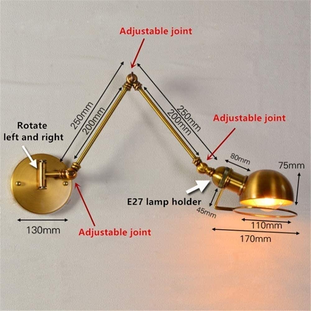 Iluminación de pared de metal interior retro Aplique de pared Aplique de latón antiguo cepillado Lámpara de lectura telescópica ajustable Lámpara de pared de brazo oscilante largo para pasillo Pasillo