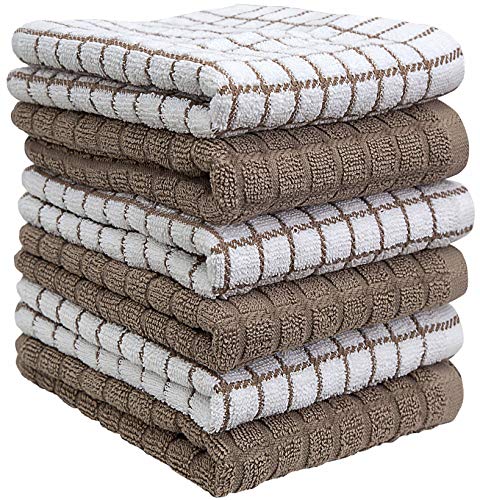Kitchen Towels 16"X 28" | Dish Towels | Kitchen Hand Towels | Large Dishcloths Set | Highly Absorbent Tea Towel, Soft With Hanging Loop | Natural Ring Spun Cotton, 380 Gsm | Tan Check Design - 6 Pack #TOP4