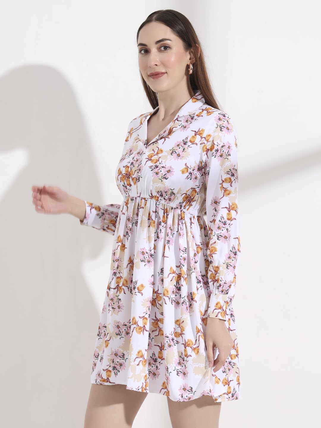 FITHUB Floral Printed Regular Sleeve Tailored Fit & Flare Dress White 3