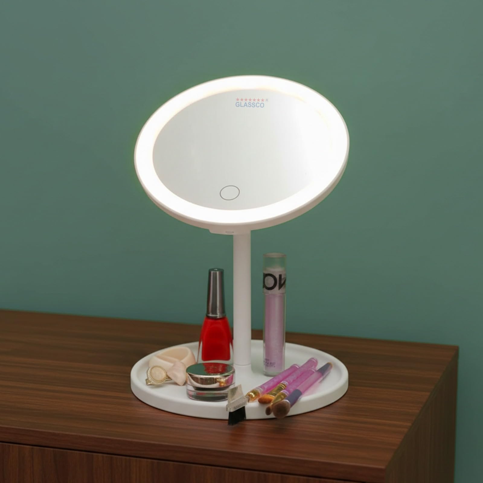 Glassco Vanity Mirror Round with 3 Color LED Light Modes & Storage Tray for Make Up,Home, Travel Rechargeable with USB Connector Portable, Portable (300 mah -White)-image-29