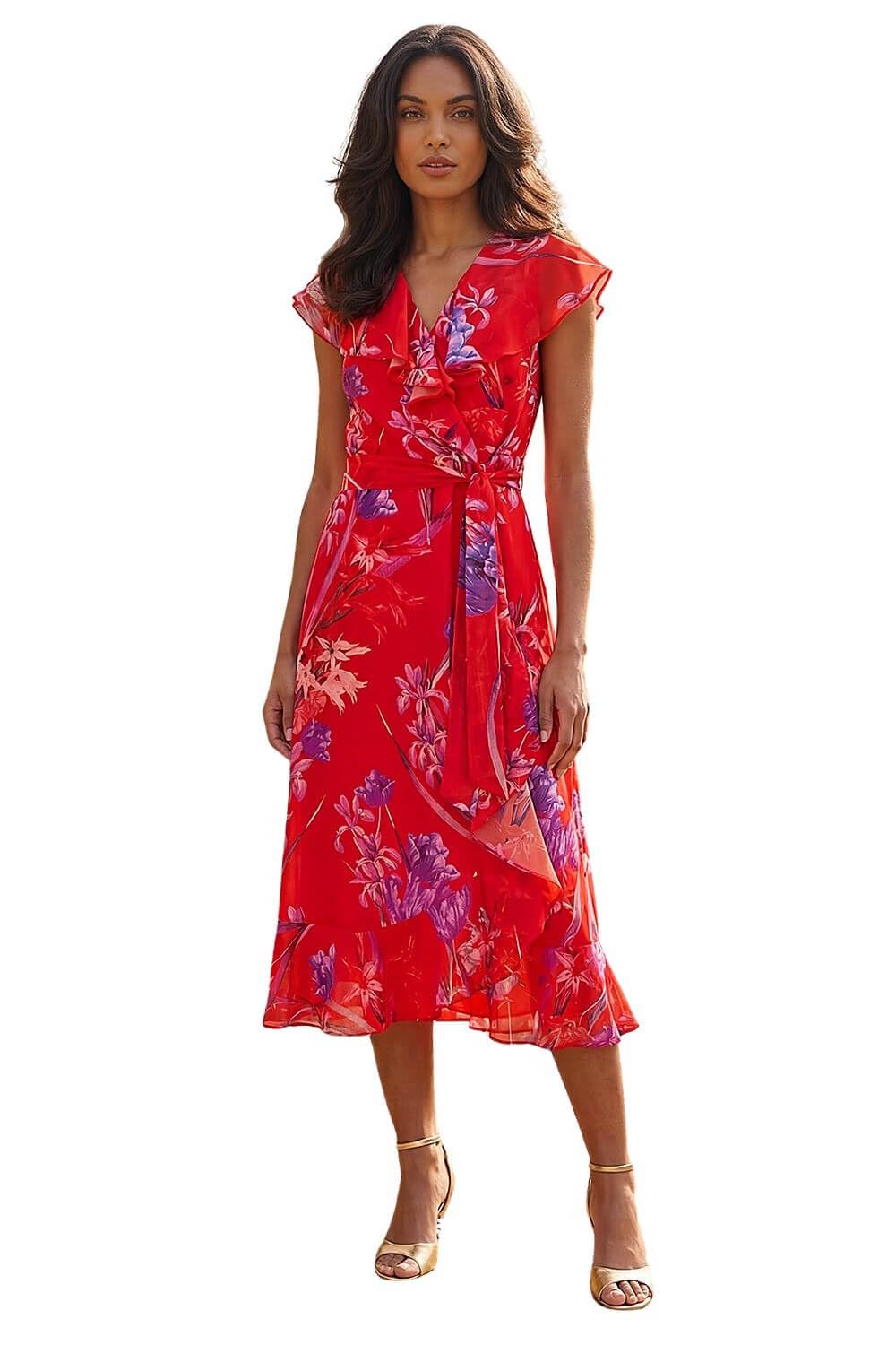 Roman Frill Dress for Women UK Ladies Summer Wrap Chiffon Frill Hem Layered Belted Midi Maxi Tiered Cape Special Occasion Fit & Flare Wedding Guest Swing Skater
