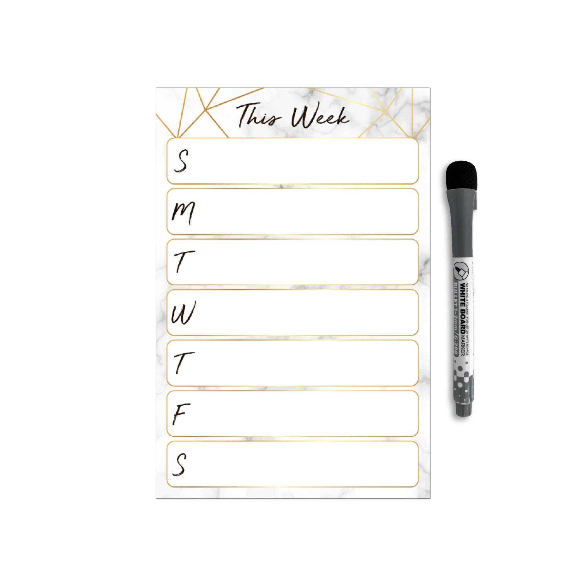 Dry Erase Weekly Calendar Planner Sticker Decal | Removable & Reusable | Magnetic Fine-Tip Marker Included (6 x 9 inches, Marble)