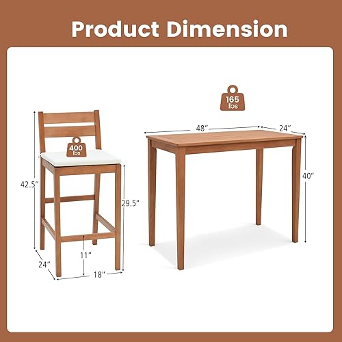 Miniatura 4 de Tangkula Juego de 3 barras de madera de eucalipto para patio, juego de mesa y sillas de altura de barra al aire libre con cojines, juego de comedor