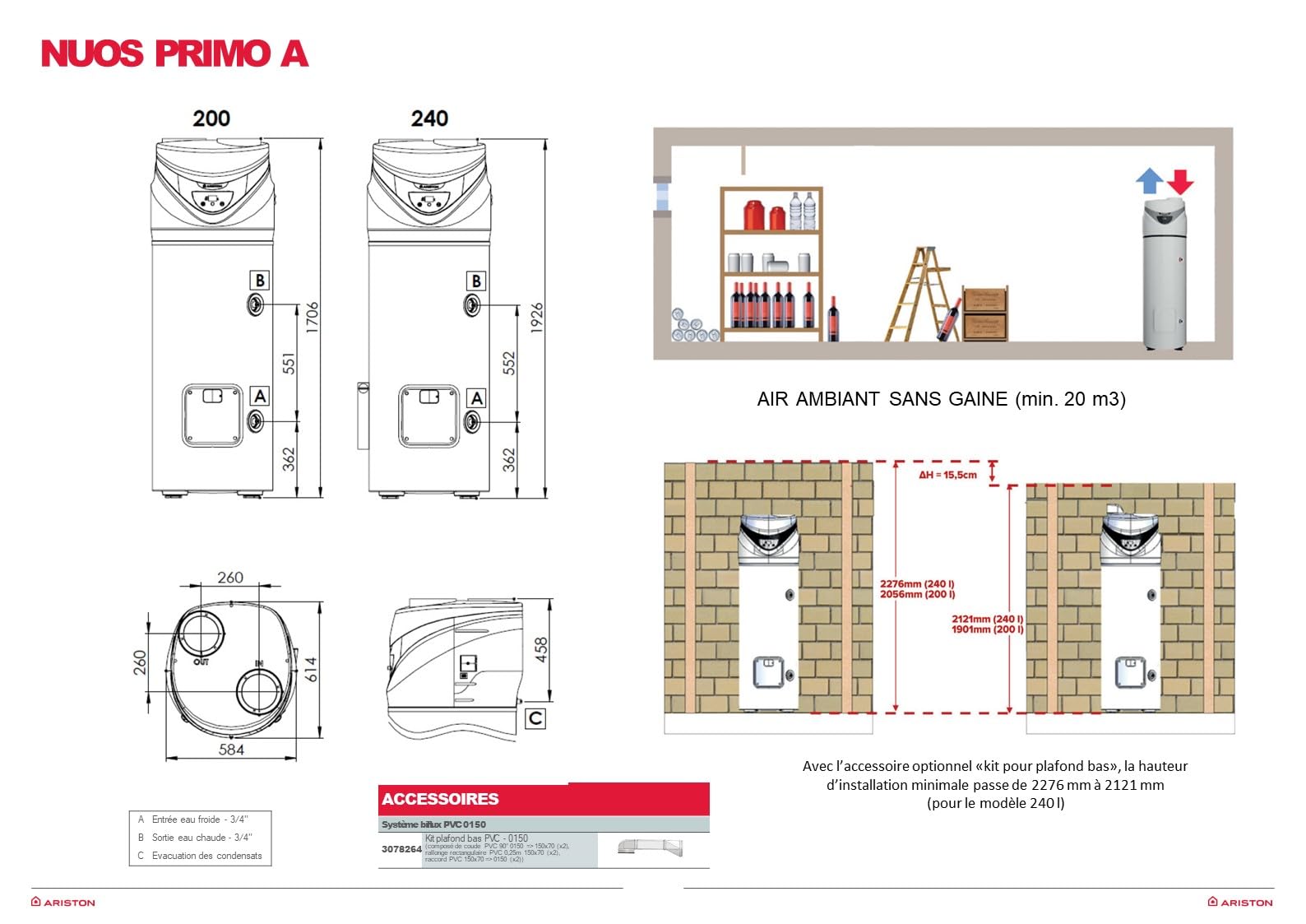 Ariston Nuos Primo, Chauffe-Eau Thermodynamique 250 Litres, Air Ambiant, 65% d’Economies d’Energie [Classe énergétique A]