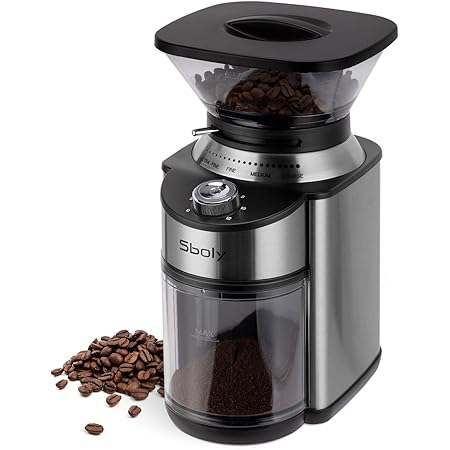 Sboly Conical Burr Coffee Grinder, Stainless Steel Adjustable Burr Mill with 19 Precise Grind Settings, Electric Coffee Grinder for Drip, Percolator, French Press, American and Turkish Coffee Makers