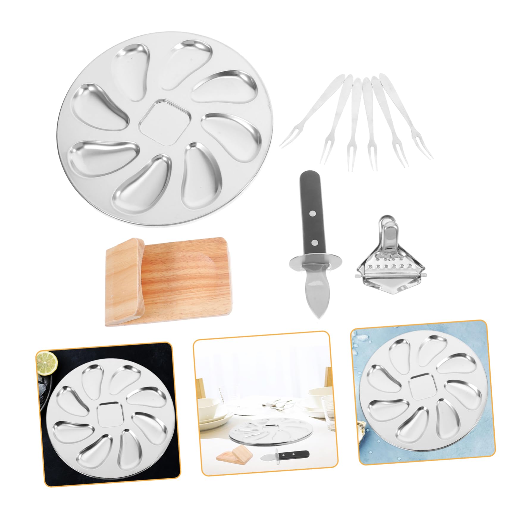 10 Pièces Doutils INOX pour Huîtres avec Fourchettes Pince à et Plateau de Service Kit Pratique pour Préparation de Fruits de Mer à et Restauration
