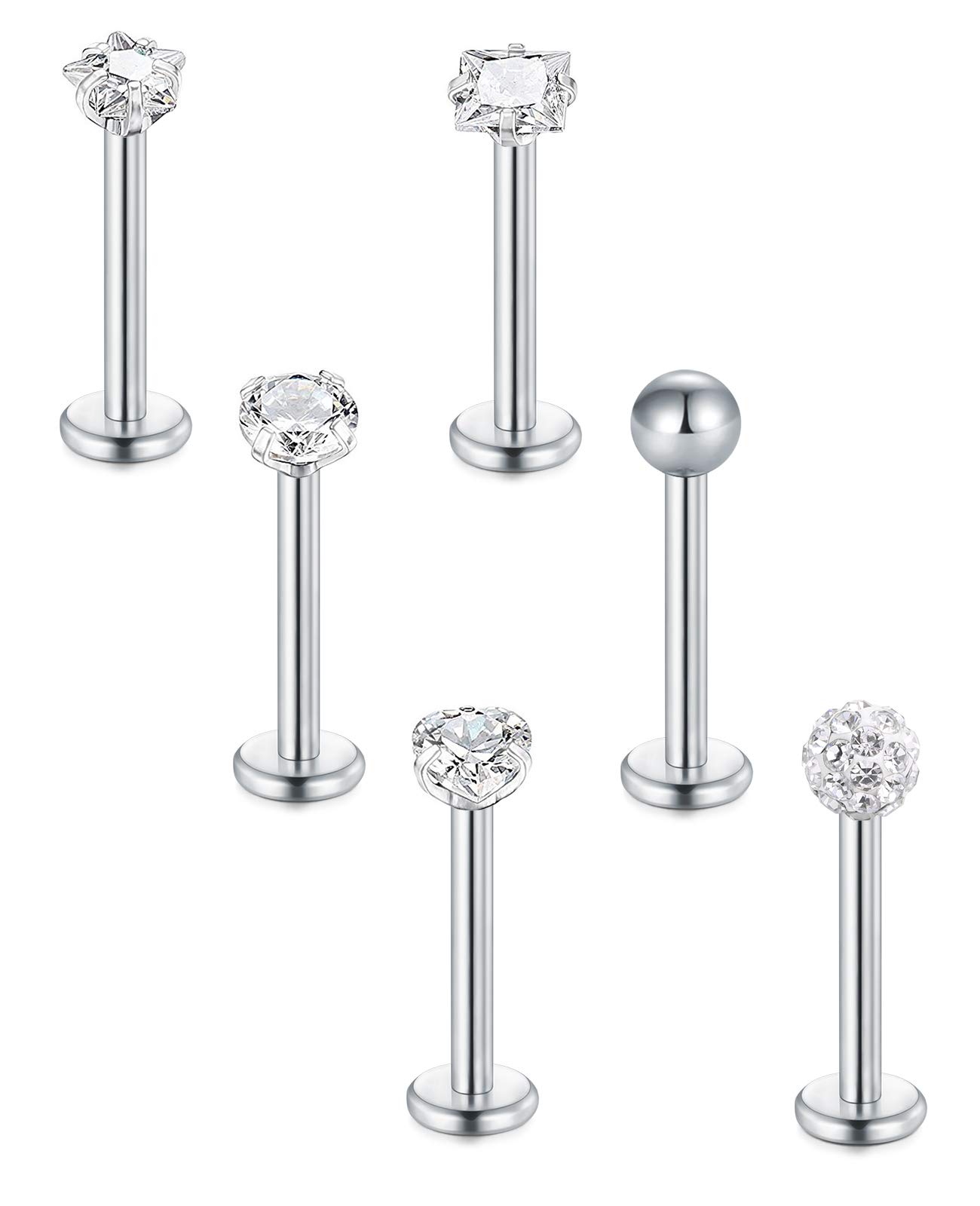 Briana Williams6pcs Tragus Earrings Silver Stainless Steel Lip Bars Labret Stud Set 6mm 16G Flat Back Piercing Jewellery