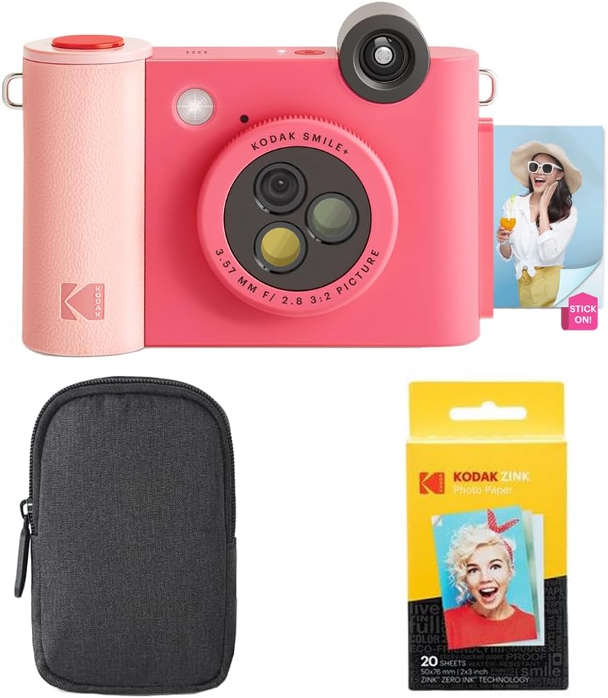 KODAK Smile+ 2-in-1 Digital Instant Print Camera & Wireless Bluetooth Photo Printer Starter Bundle + Carrying Case + Zink 20pk Sticky-Back Photo Paper - 10MP, Special-Effect Rotating Lens - Fuchsia