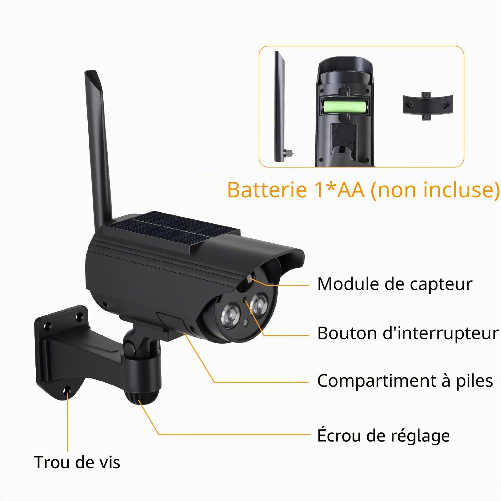 ERWEY Caméra solaire factice simulée avec détecteur de mouvement, caméra de surveillance avec lampe LED puissante comme protection anti-effraction, 3 modes, IP65 pour l'intérieur et l'extérieur