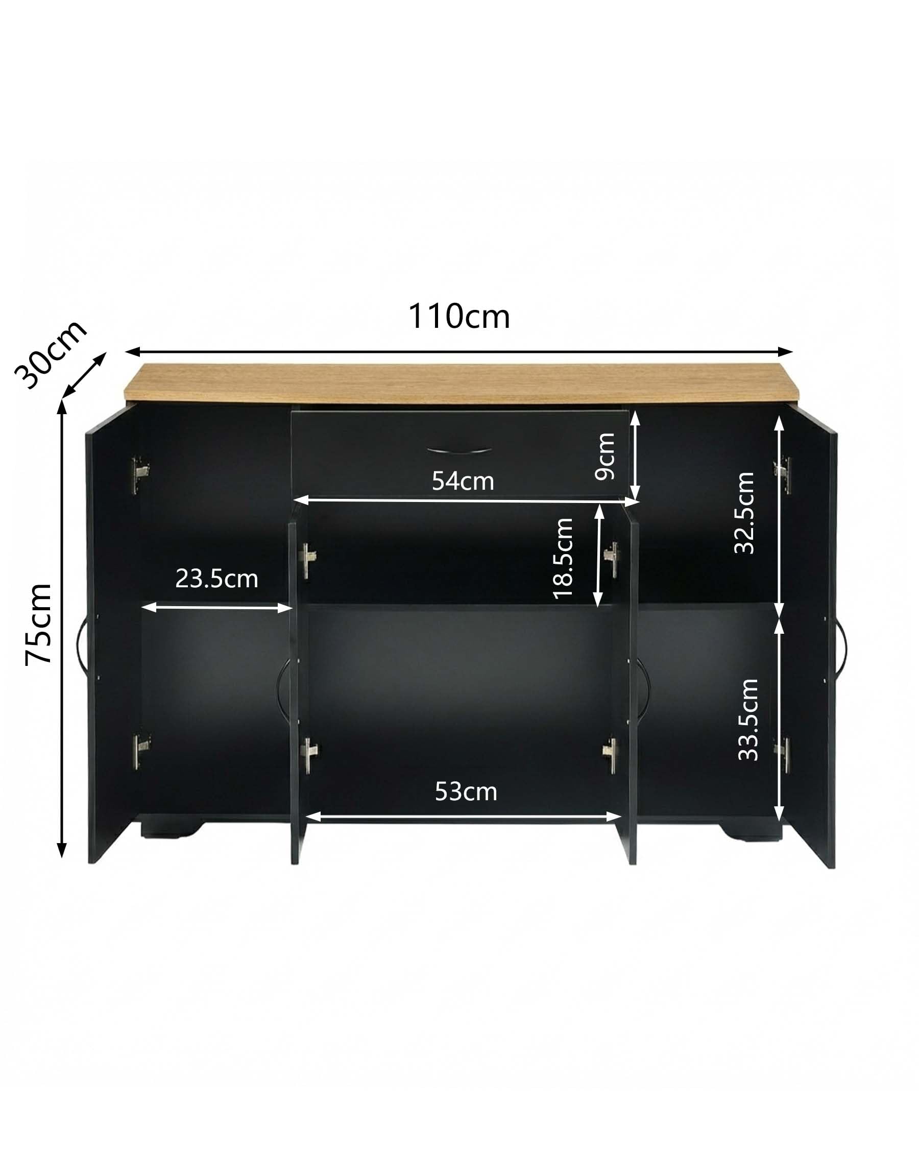 Küchenschrank mit Arbeitsplatte Schwarz Küchenkommode 110 x 30 x 70 cm mit Schublade und 4 Türen Küchenunterschrank schmal freistehend Sideboard Stauraum Küche Esszimmer