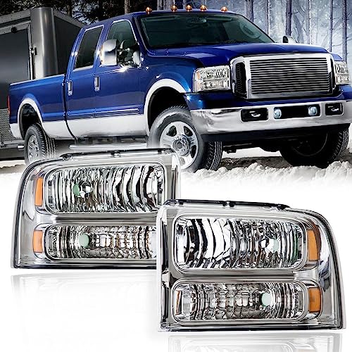 Image of G-PLUS Headlights Assembly, Compatible with 2005 2006 2007 Ford F250 F350 Super Duty Bumper Headlamps, Clear Lens Chrome Housing Amber Reflector