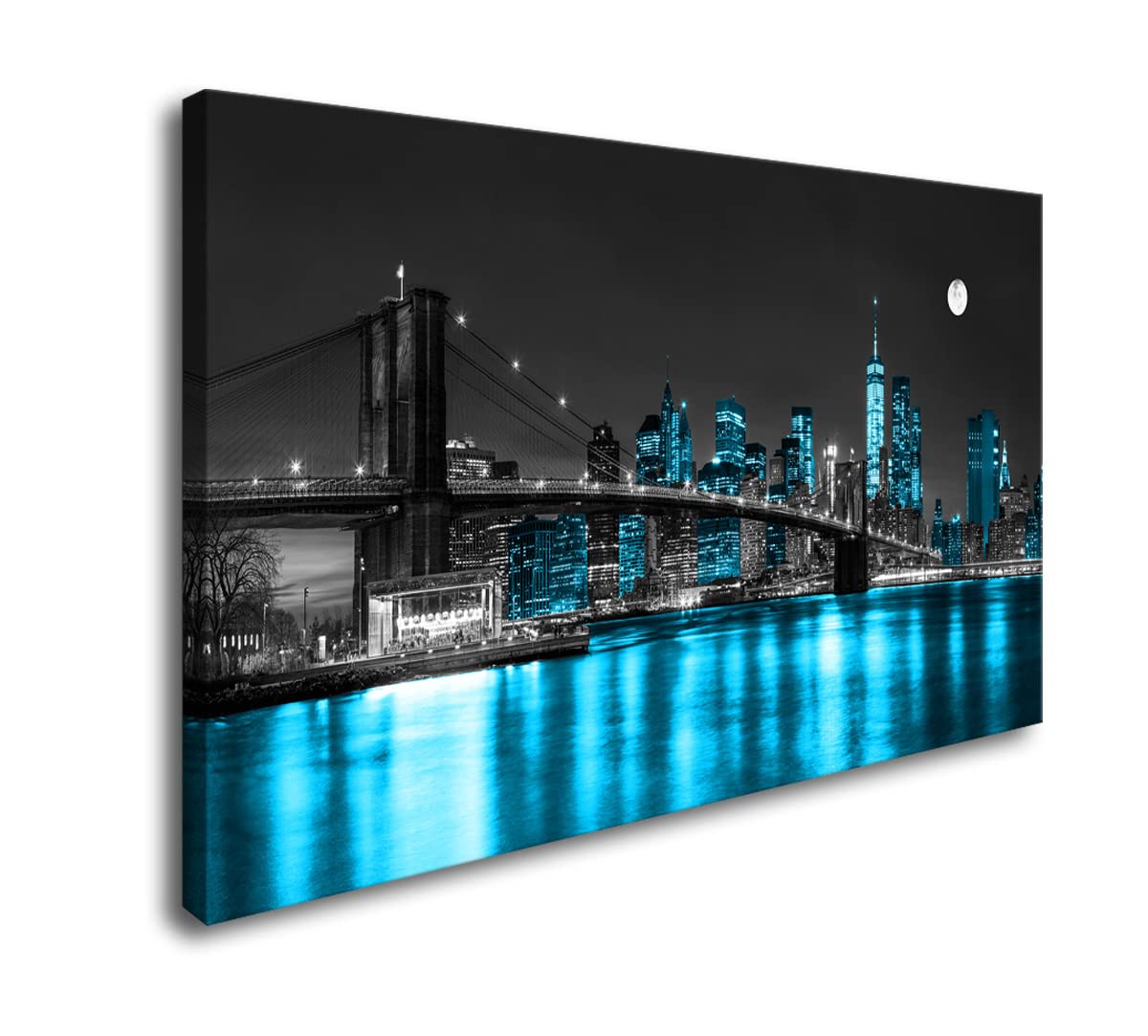 AibonnlyWall Art Canvas Painting Black White and Blue New York Brooklyn Bridge 1 Piece Cityscape Night Building Picture Poster Print Framed for Living Room Bedroom Kitchen Office Home Decor