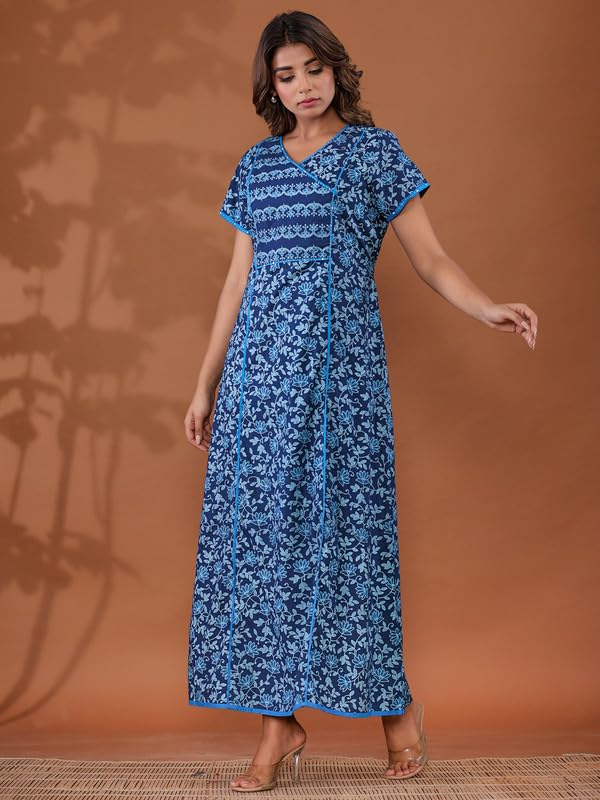 Image of NIHSAMAH Cotton Night Gown for Women - Angrakha Style Nighty, Comfortable Sleepwear /Nightwear /Maxi