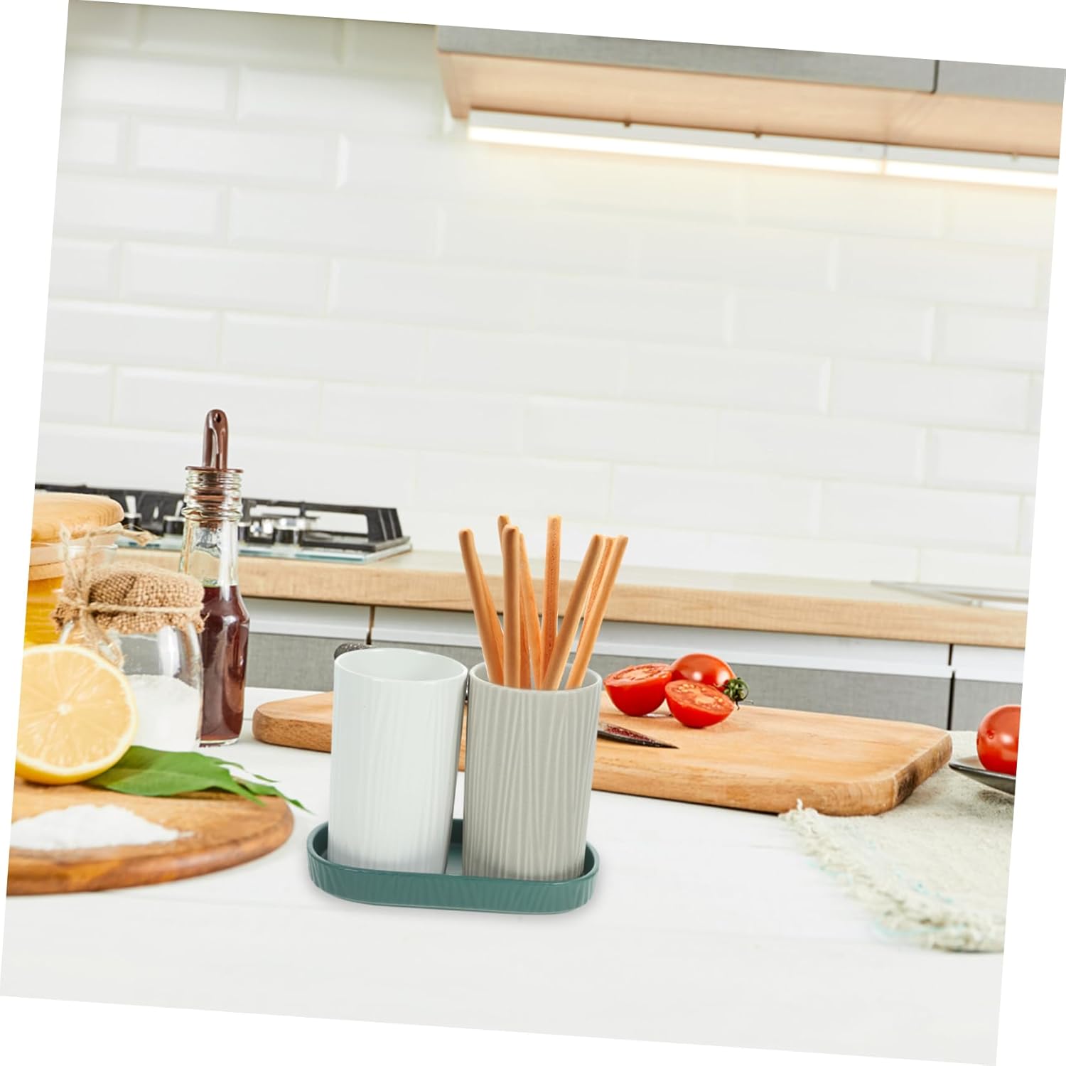 PRETYZOOM Ceramic Cutlery Holder with Draining Tray Stylish Desktop Spoon and Fork Organizer Nordic Design Utensil Drying Rack for Kitchen and Dining Table Chic White and Grey Finish