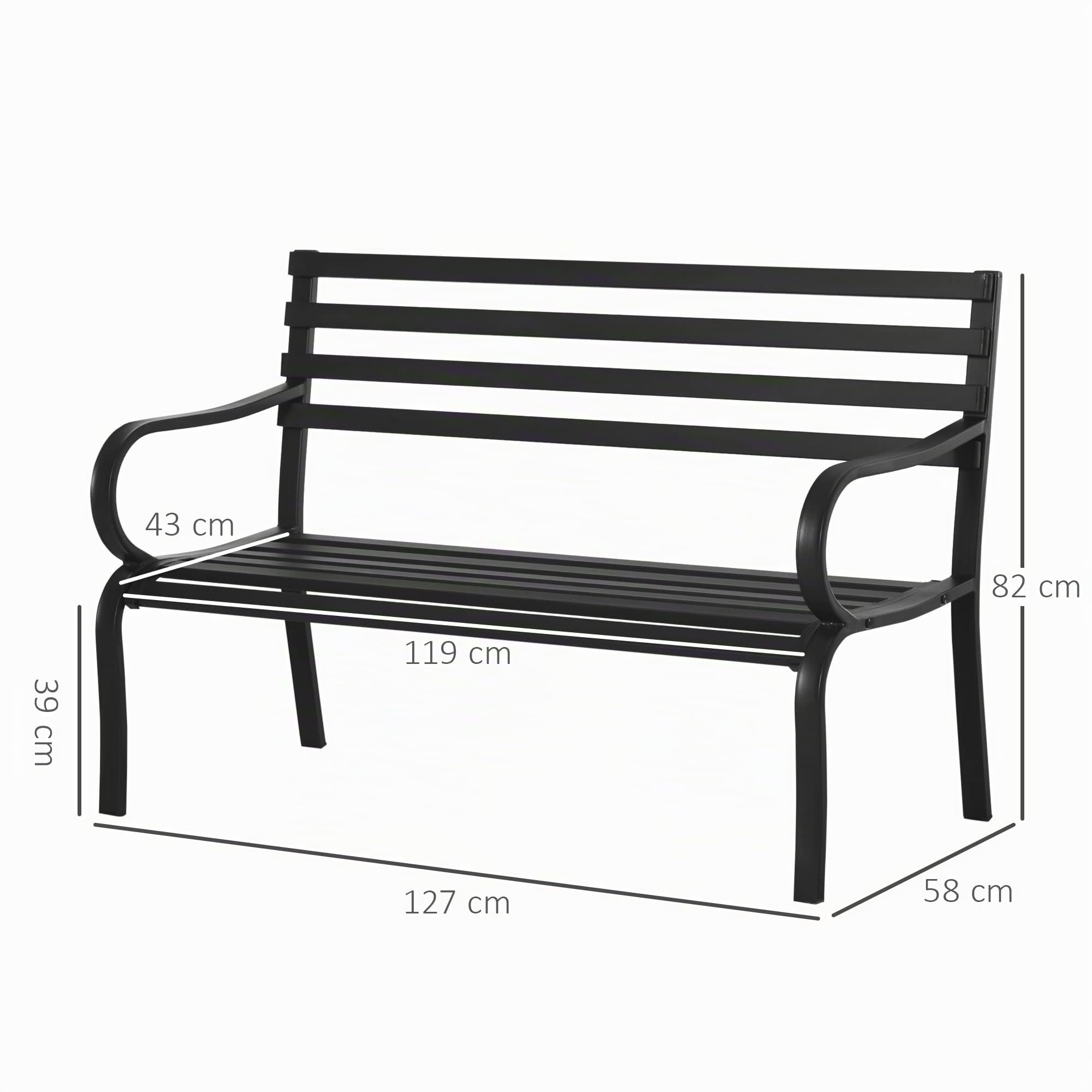 Outsunny Banc de Jardin Extérieur 2 Places 127L x 58l x 82H cm Métal Noir