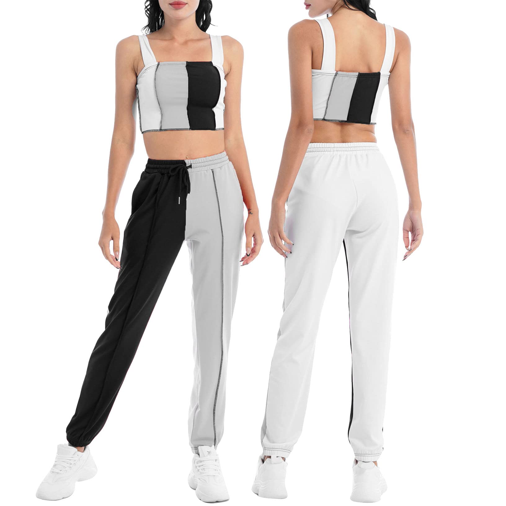 Kaerm Womens 2 PCS Activewear Workout Yoga Gym Outfits Color Contrast Cropped Top with Pants Set Casual