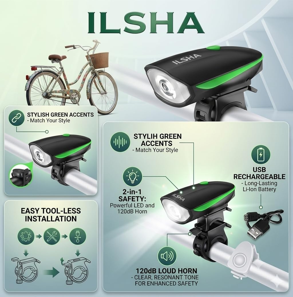 Ilsha® 2-in-1 Rechargeable - Cycle Light (3 Modes) and Horn/Waterproof (120 dB) with Front LED Light (Multicolor) 2