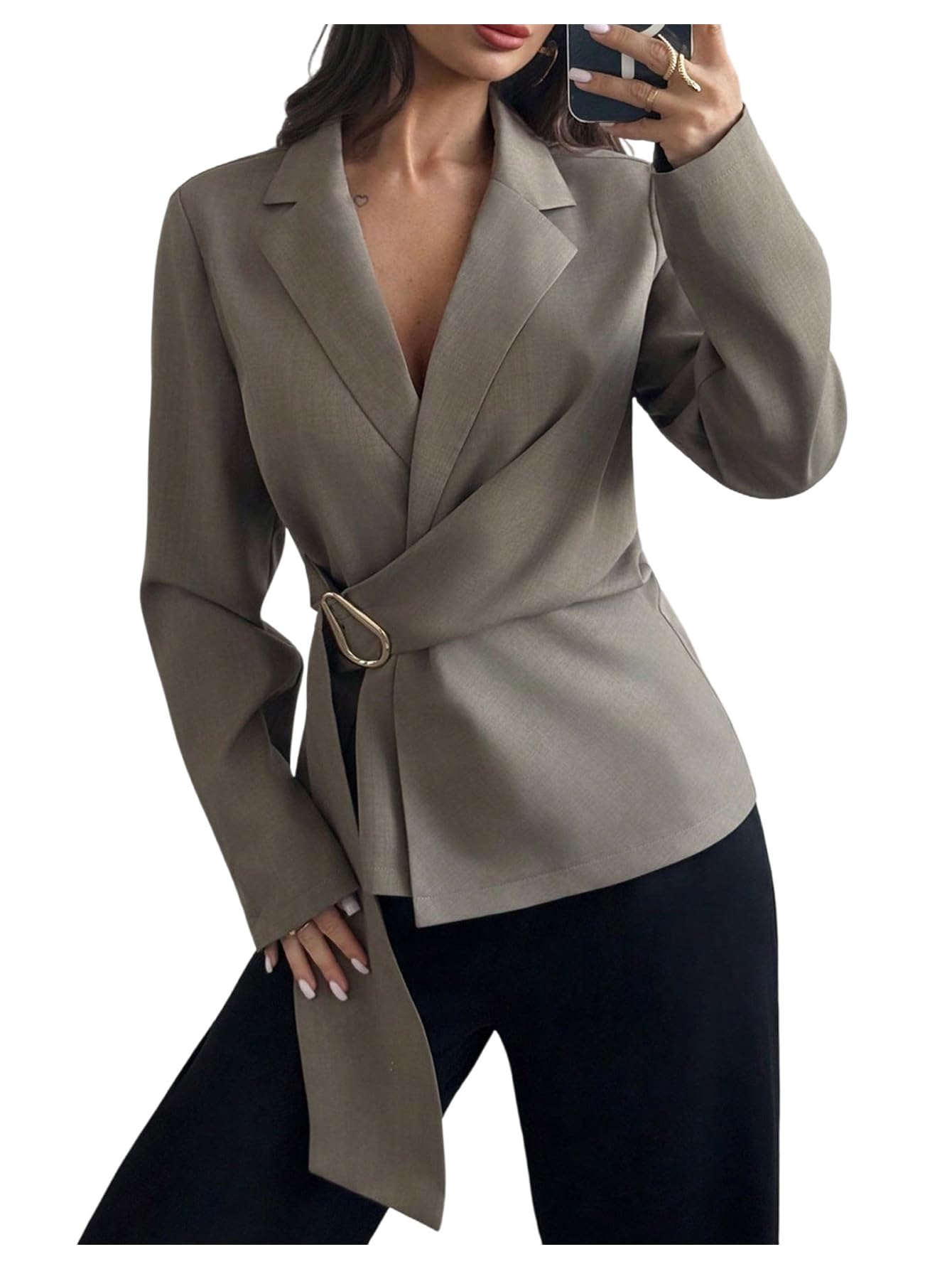 GORGLITTER Womens Long Sleeve Fitted Lightweight Blazer Jacket Fall Business Casual Dressy Wrap Metal Work Blazer 2025