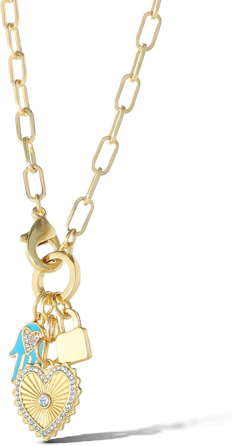 Jessica Simpson Womens Triple Charm Necklace 17" - Gold-Tone Necklace with Lock Charm and Heart Charms - Image 4