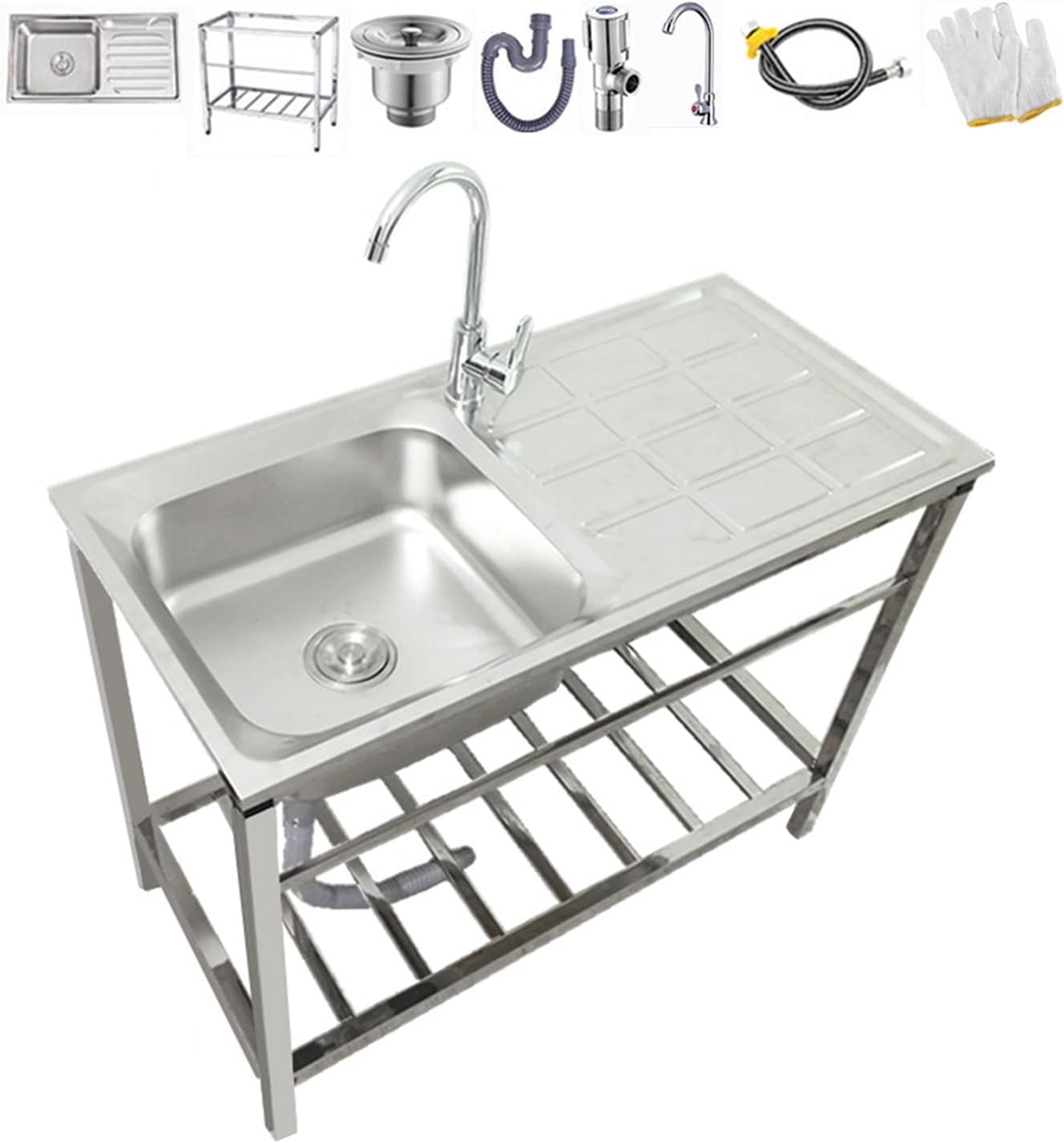 Utility Sinks Free Standing Stainless Steel Handwashing Station, Commercial/Industrial Sink Workstation, Single Bowl Washing Hand Basin w/Faucet, Prep & Utility