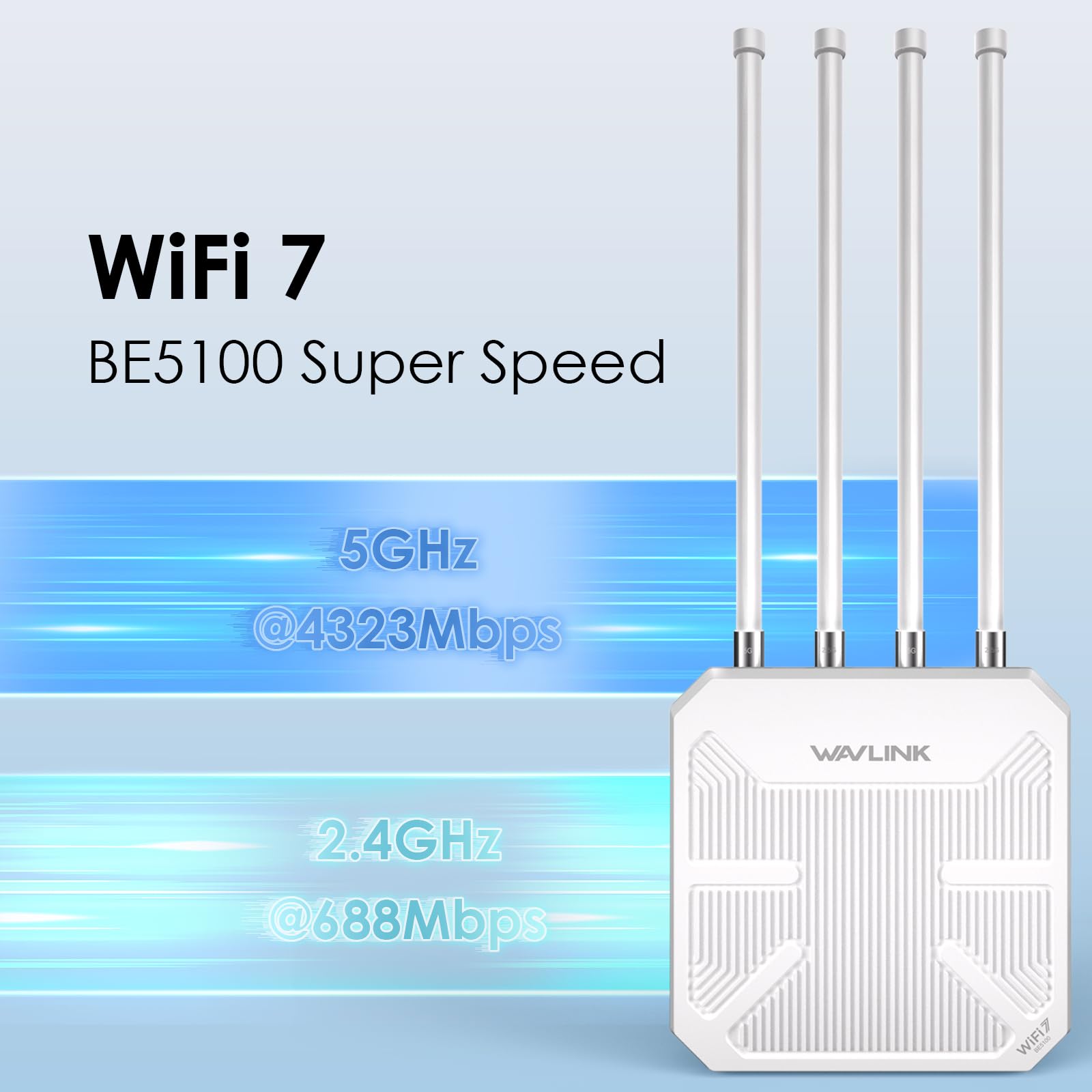 Router WiFi 7 WAVLINK Exterior BE5100 Mesh, Repetidor, Punto de Acceso, IP67 Impermeable, Protección Antirrayos 4KV, PoE Activo/Pasivo, Antenas 8dBi, Largo Alcance para Zonas Rurales y Empresas