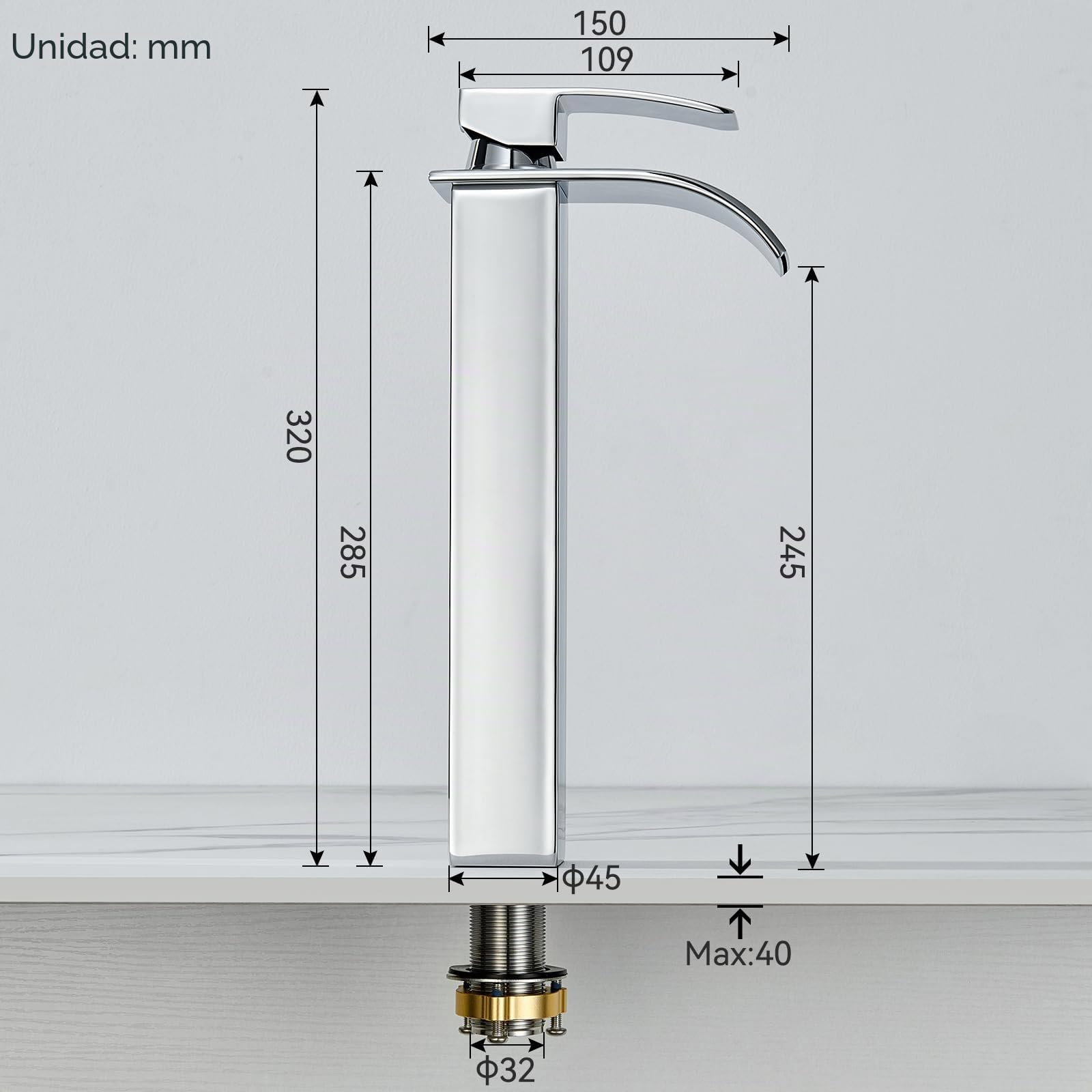 CECIPA Grifo de baño alto, grifo de lavabo cascada, grifo de baño de acero inoxidable, grifos de lavabo con agua fría y caliente, grifo monomando, altura de salida de agua 245 mm, cromo